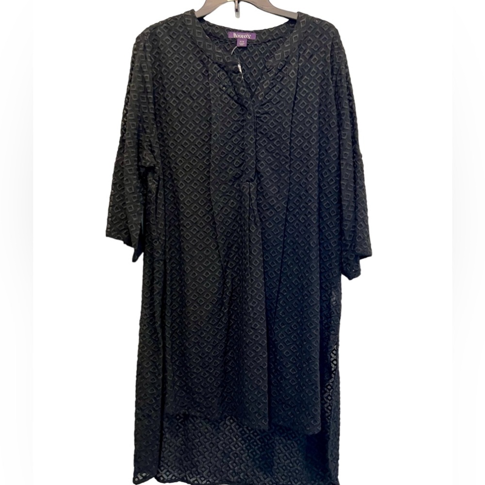 Roaman’s Black Semi Sheer Trellis Pattern Embroidered Pullover Shirt Dress 16W